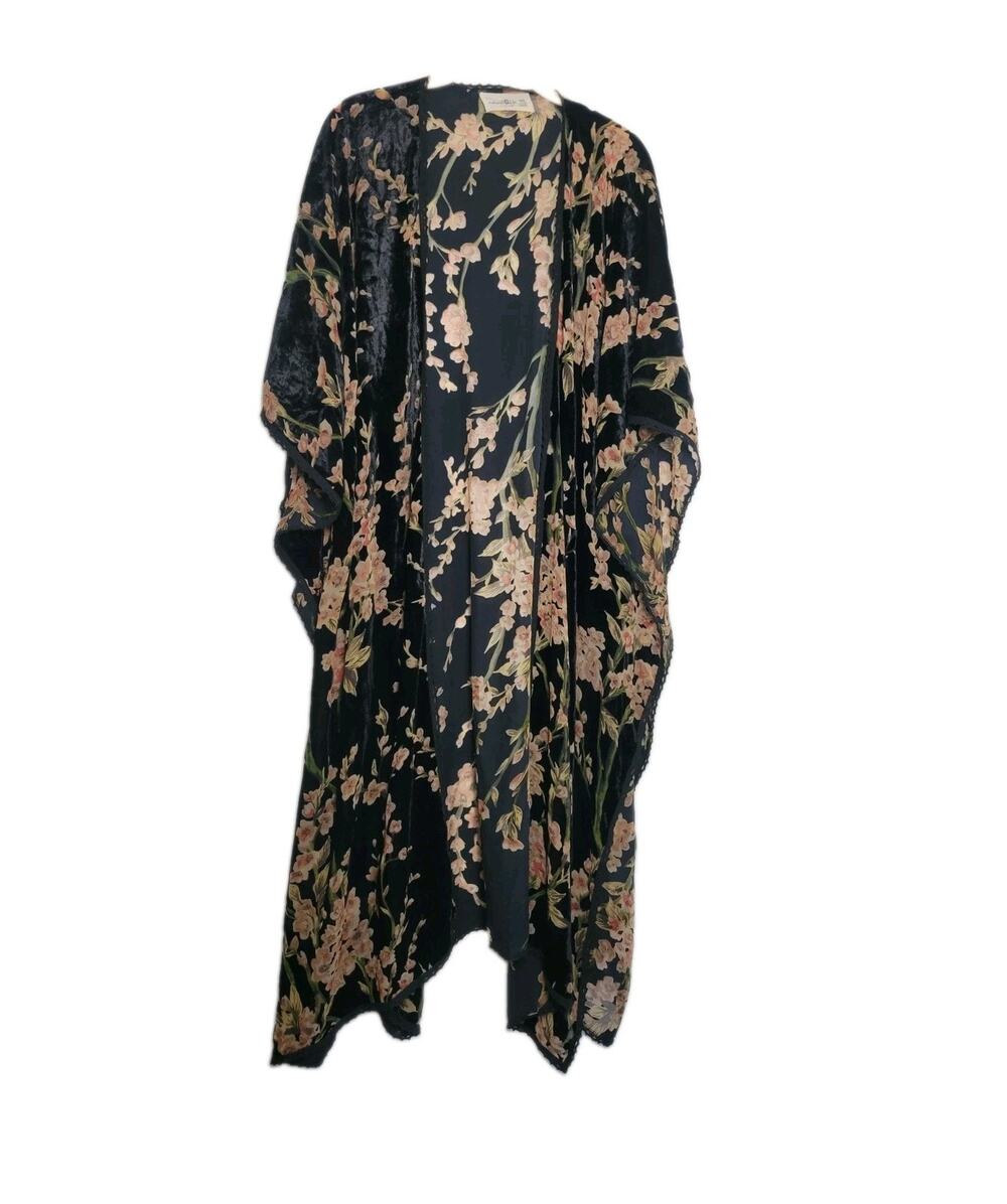 Natural Life Black Pink Floral Velvet Burn Out Duster Kimono One Size